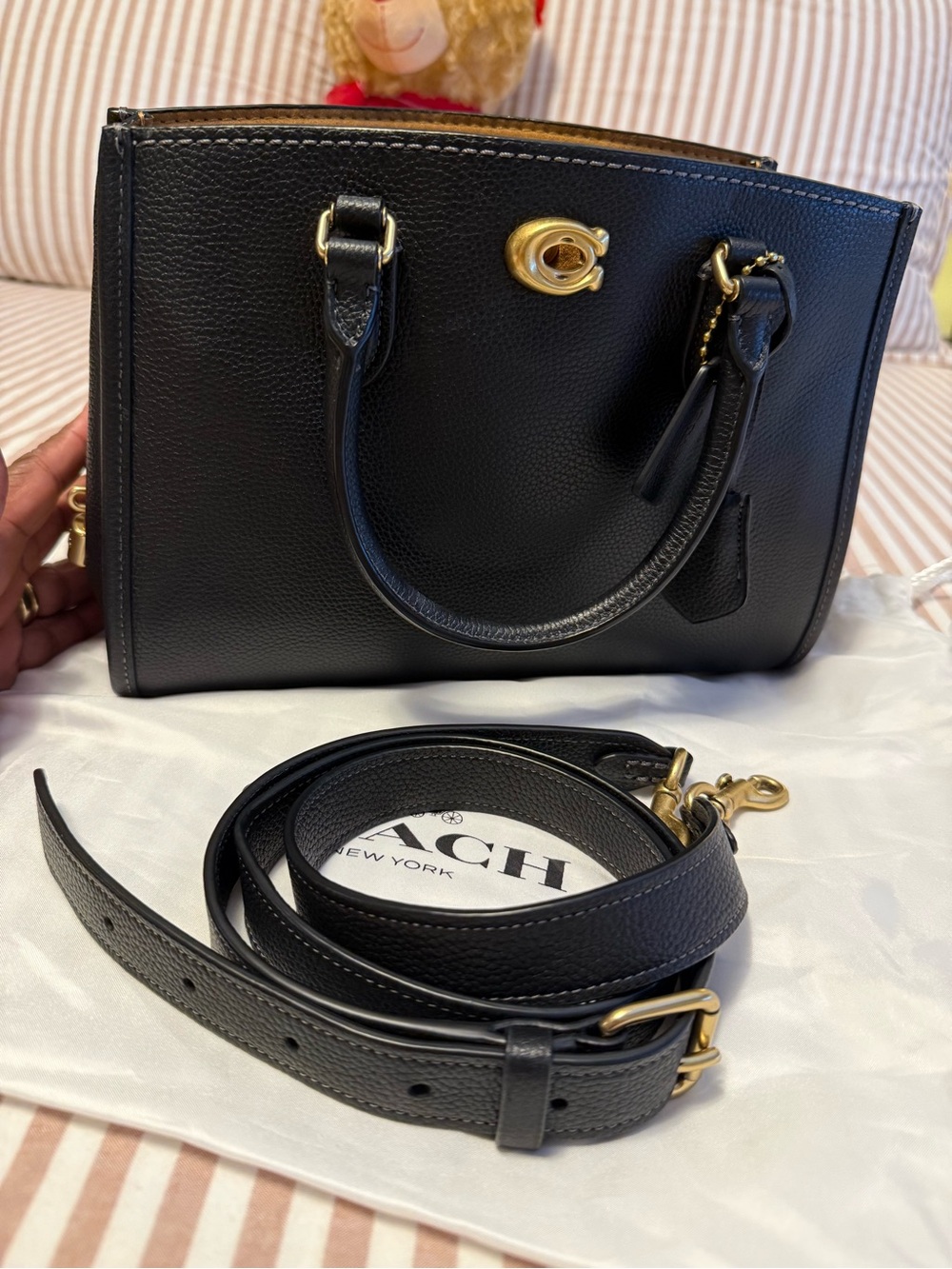 Coach Black Pebbled Leather Satchel with Gold Hardware and Removable Strap